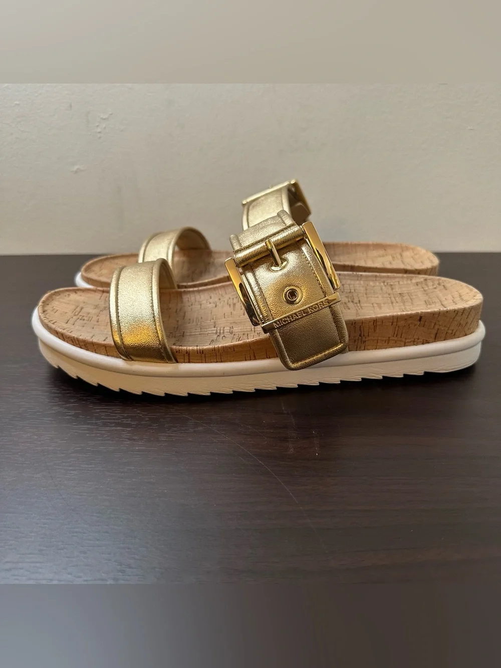Michael Kors Colby Gold Leather Slide Sandals Buckle Cork Footbed Women's 11